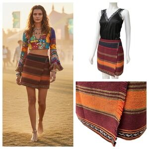 Tribal Tweed Wrap Mini Skirt Boho Fringe Wool‎ Indie Slease Southwestern Size 4